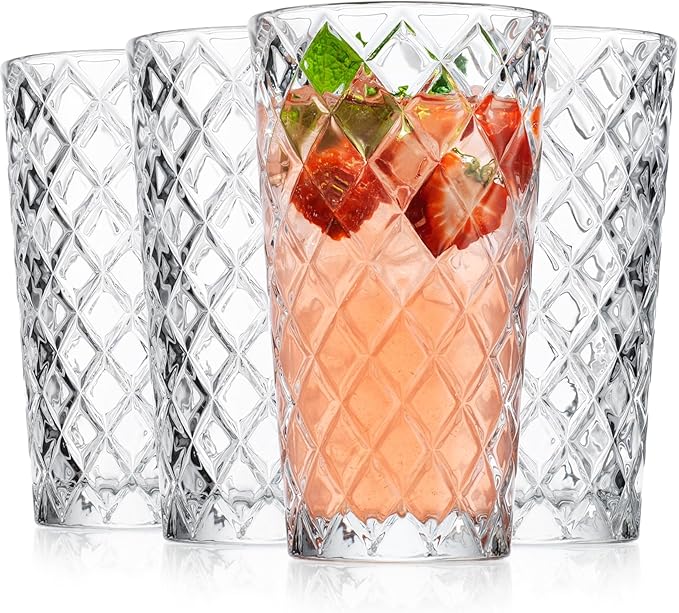 Glaver's Drinking Glasses Set of 4. Tall Highball Glasses. 14oz. Textured Diamond Cut Elegant Drinking Glass Cups - Kitchen Glassware for Water, Iced Tea, Juice, Cocktail.