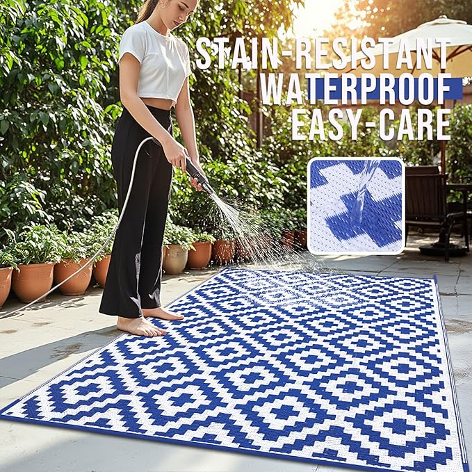 OLANLY Waterproof Outdoor Rug 9x12 ft, Outdoor Plastic Straw Rug for Camping, RV Mat Outside, Outdoor Carpet for Porch, Deck, Backyard, Balcony, Picnic, Blue & White
