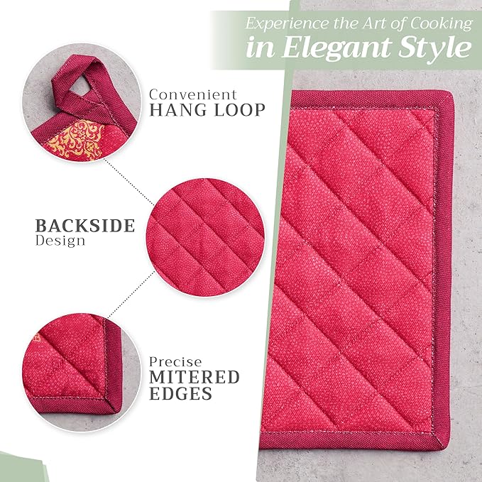 Maison d' Hermine 100% Cotton Oven Mitt & Pot Holder Set (7.5"x13" & 8"x8") Heat Resistant BBQ Cooking Gloves with Loop for Thanksgiving Christmas Decorations Handling Hot Pans (Versailles)