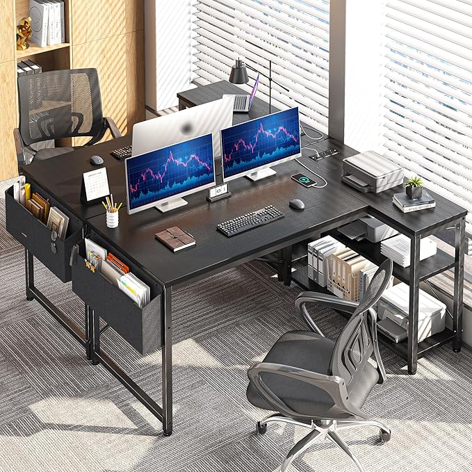 EnHomee 48 Inch L Shaped Gaming Desk, Computer Desk with Storage Shelves & Side Bag, Office Desk with Power Outlets, Small Corner Desk for Small Space Home Office Bedroom, Study Writing Table, Black