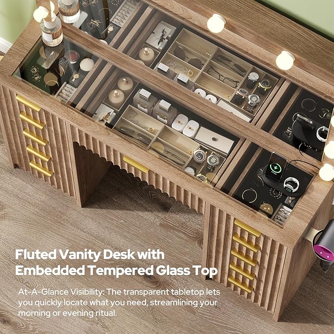 15 Drawers Fluted Vanity Desk with Glass Top, 47" Makeup Vanity with Large Mirror and 12 LED Lights, Dressing Table with Power Outlet for Bedroom, Natural