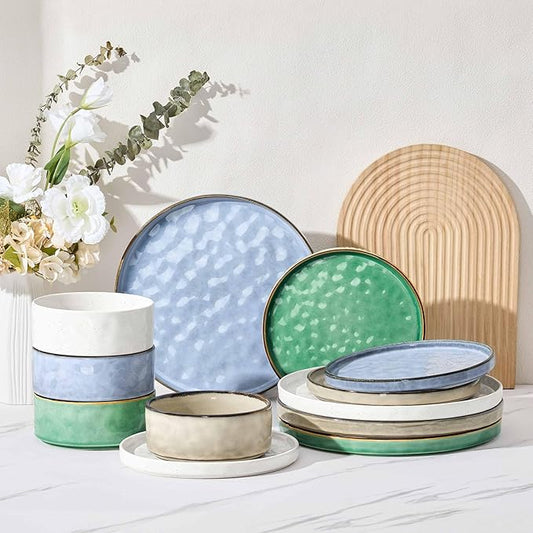 Herogo 12 Pieces Dishware Sets for 4, Stoneware Dinnerware Dish Set, Dinning Plates and Bowls for Home Kitchen, Dishwasher & Microwave Safe, Multicolor
