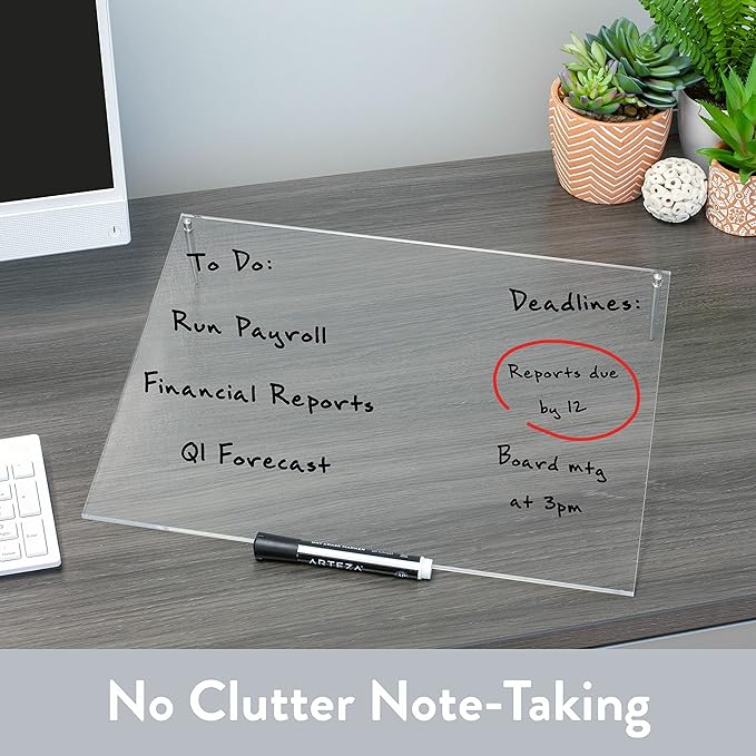 Desk Dry Erase Board with Erasable Marker | White, Black, Clear Acrylic Whiteboard Surface | Angled Writing Tablet | Personal Organizer with Daily Schedules | Weekly to-Do Lists (Clear - 12x16)