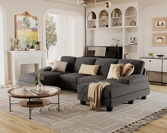 Furmax Sectional Couches for Living Room, U-Shaped Sofa Couch with Linen Fabric, 4 Seat Sofa Set with Double Chaise for Apartment (Corduroy, Dark Grey)