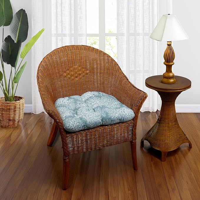 Barnett Home Decor Ariel Fan Coral Dining Chair Pad with Ties - Large Size 19 Chair Pad - Latex Foam Fill - 100% Cotton, Made in USA - Machine Washable, Reversible (Aqua)