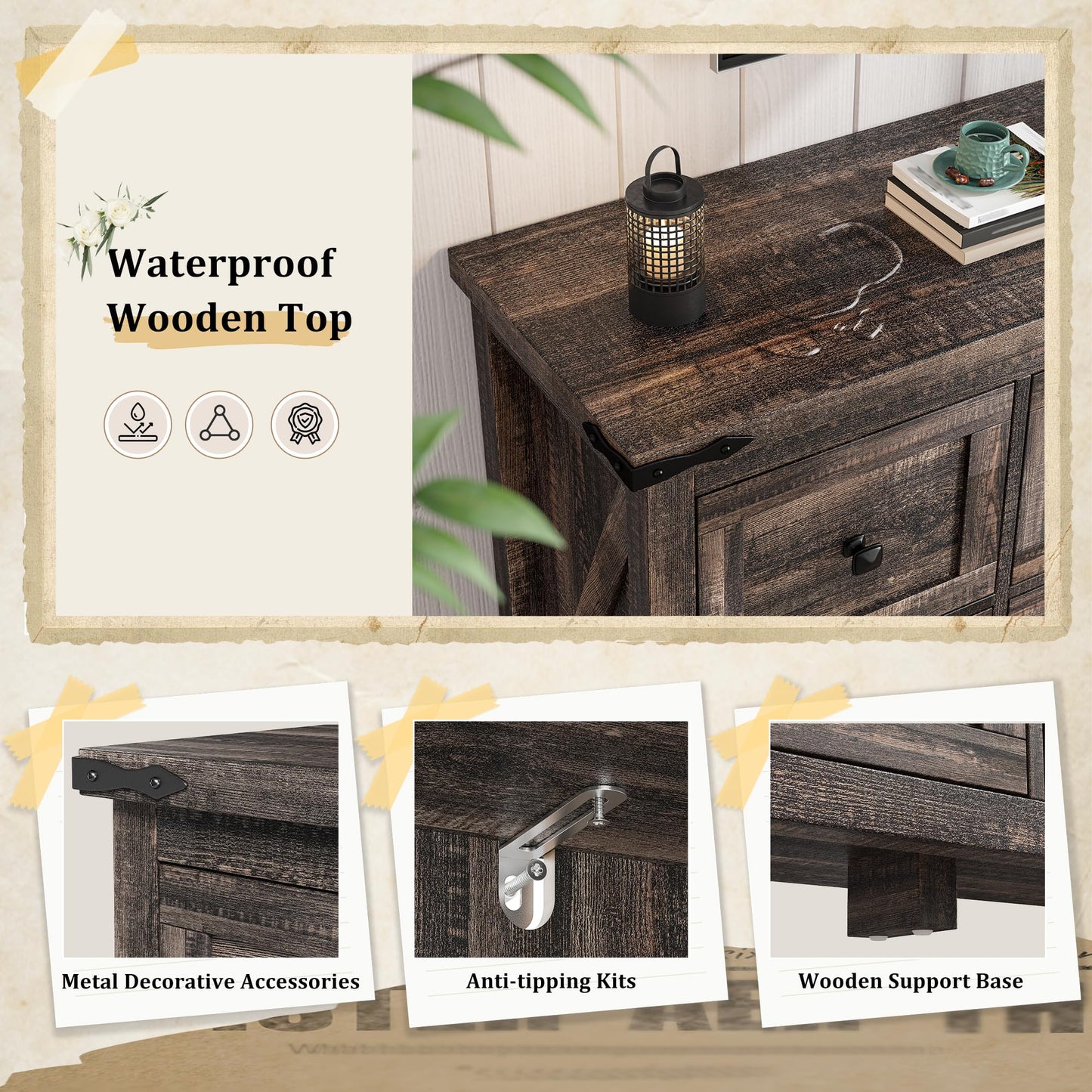 Romorgniz Farmhouse Dresser Dark Oak with 8 Drawers,Wood,Wide,Long,TV Stand for Bedroom Entryway Hallway