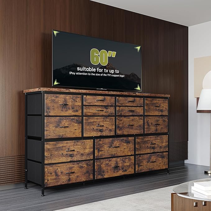 EnHomee Dressser for Bedroom Dresser with 16 Drawers TV Stand for Bedroom for 60" TV Long Dressers & Chests of Drawers Large Dresser with Charging Station, 51.5" W*11.7" D*34.6" H, Rustic Brown
