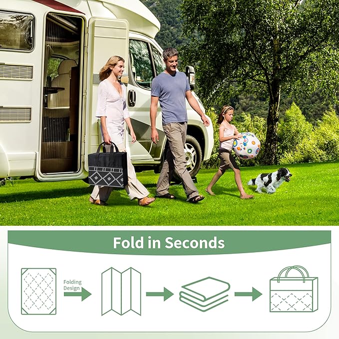 GENIMO Outdoor Rug Waterproof 6'x9' for Patio, Foldable Reversible Plastic Straw Carpet for Travel Trailers, Outside Area Mat for Rv, Deck, Picnic, Porch, Camper, Balcony, Beach, Black & Brown