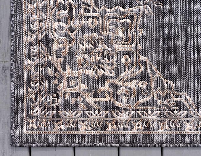 Unique Loom Outdoor Traditional Collection Area Rug - Antique (6' 1" x 9' Rectangle, Charcoal Gray/ Natural)
