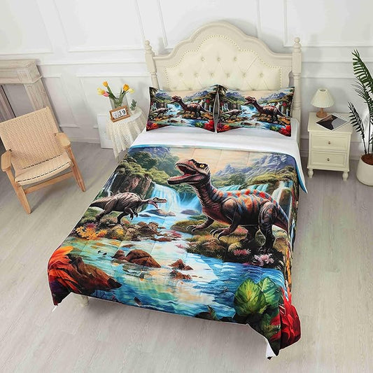 Kids Comforter Set Full Super Soft and Fluffy Microfiber Boys Kids Dinosaur Bedding Set Easy Care Cute Dinosaur Quilt Set with 1 Comforter and 2 Pillowcases