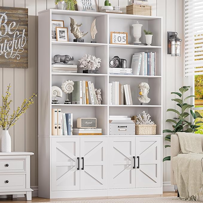 White Bookshelf and Bookcase with 4 Doors, 6 Tier Large Book Shelf with Storage Cabinets, Modern Floor Standing Display Shelves, 71” Tall Book Case for Living Room, Home Office, Library