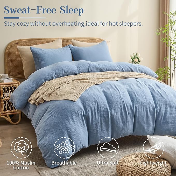 MEISHANG Muslin Duvet Cover Queen Size - 100% Organic Cotton, Soft Textured Gauze Weave Comforter Cover for Breathable All-Season with Zipper Closure - 3 Piece Set (Queen, Smoky Blue)