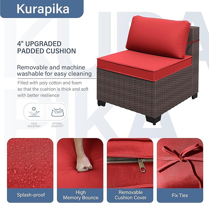 Kurapika 8 Pieces Patio Furniture Set, Rattan Wicker Outdoor Conversation Sets w/43in Propane Fire Pit Table and 4 Inch Cushion(Red)