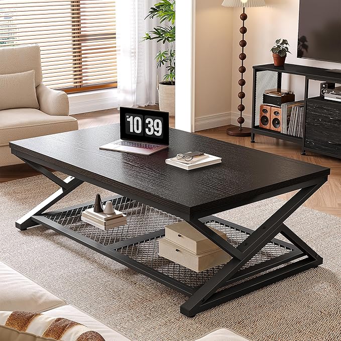 EnHomee Coffee Table with Storage, Modern Coffee Tables for Living Room with Mesh Shelf, 2 Tier Rectangular Center Table for Living Room, Bedroom, 47.2 Inch, Black Oak