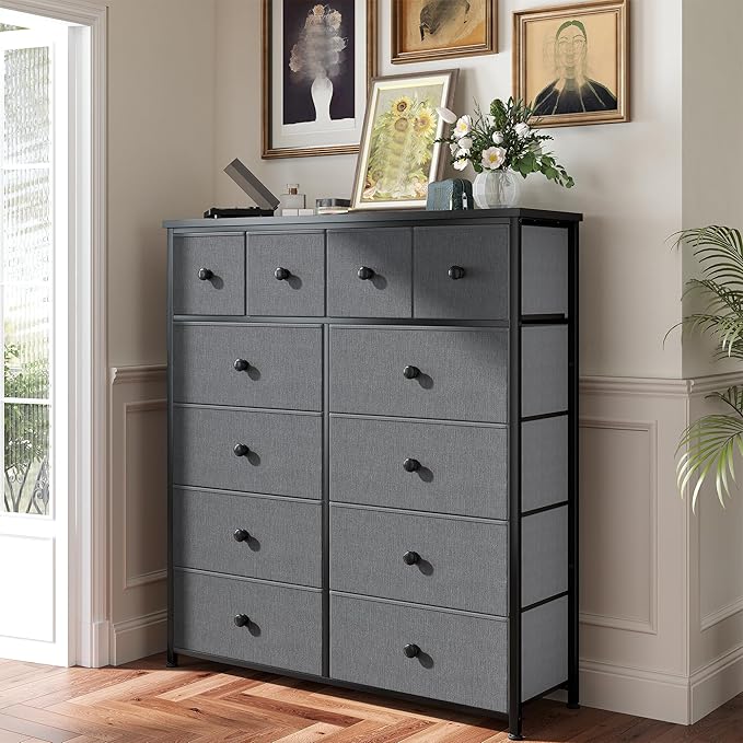 Dresser for Bedroom with 12 Drawers Tall Dressers for Bedroom Fabric Dressers & Chest of Drawers with Sturdy Metal Frame, Wood Top, for Woman, Closet, 40.6" W x 11.8" D x 44.5" H (Grey)