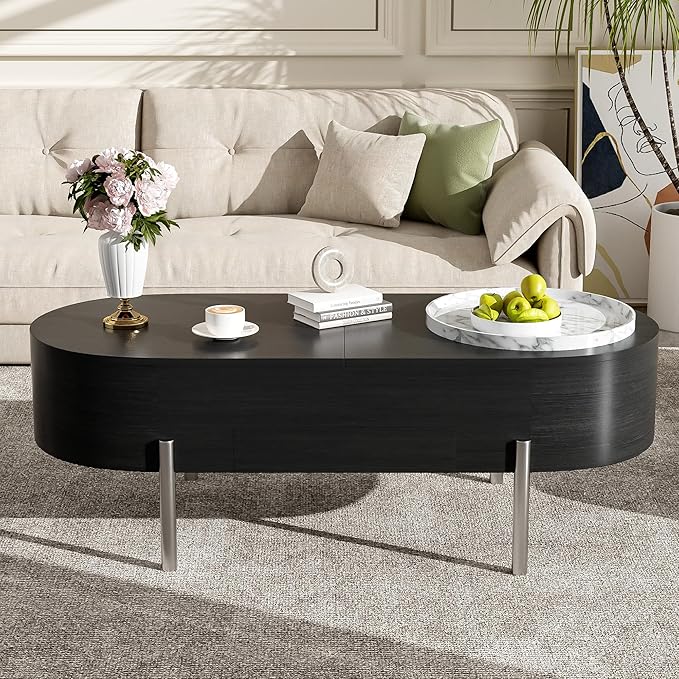 WILLIAMSPACE 47.2" Oval Lift Top Coffee Table with 360-degree Marble-Patterned Rotating Tray, Modern Wooden Center Table Side End Table Lift Tabletop with Hidden Compartment for Living Room, Black