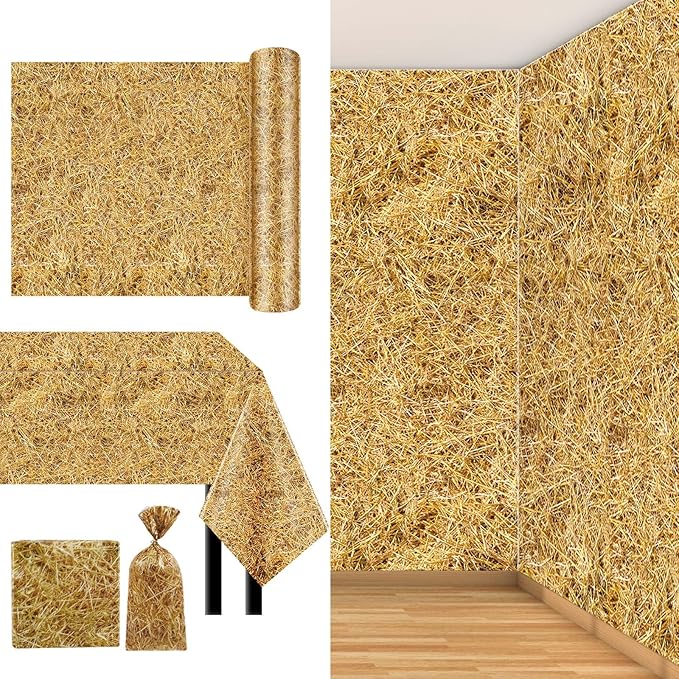 Preboun 82 ft Hay Bales Decor Hay Table Cloth Roll Large Straw Wall Backdrop Party Decorations Disposable Plastic Cloths for Western Cowboy Farm Halloween Party Supplies
