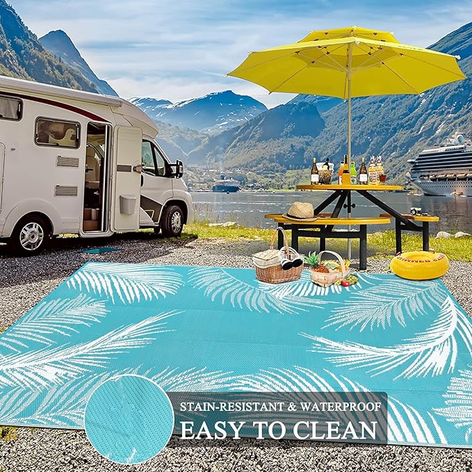 Pauwer Waterproof Outdoor Rug 10x14, Reversible Plastic Straw Patio Camping Rug, Indoor Outdoor RV Mat Carpet for Deck, Camper, Porch, Balcony, Backyard, Picnic, Leaf Teal