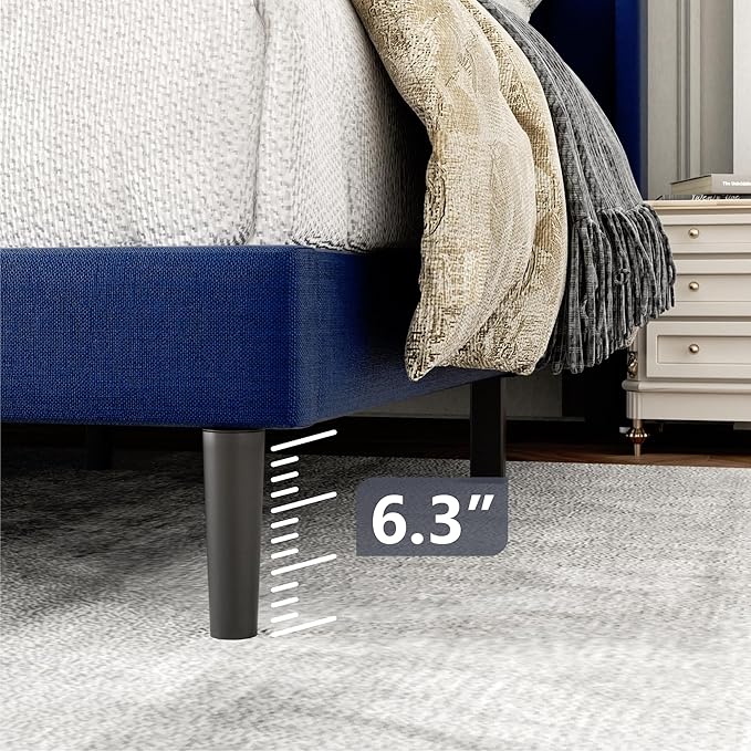 Twin Size Bed Frame with Upholstered Wingback Headboard, Easy Assemnly Platform Bed, Wooden Slat Support No Box Spring Needed, Navy Blue