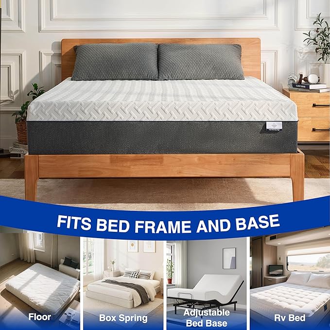 10 Inch Queen Green Tea Memory Foam Mattress for Cool Sleep & Pressure Relief, Bed in a Box, Removable Cover No Fiberglass, CertiPUR-US Certified