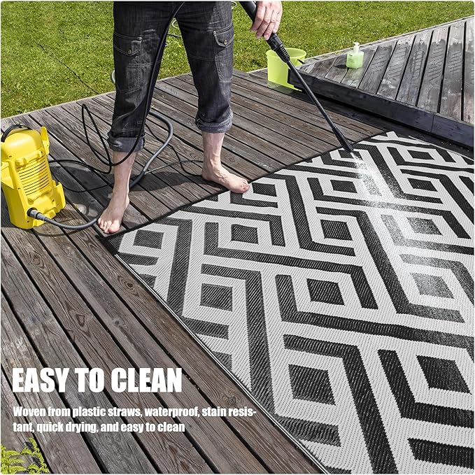 Terrug Outdoor Rug Waterproof 4x6 Ft, Foldable Outdoor Plastic Straw Rug, UV Reversible Patio Rug Decor, Outdoor Area Rug for Camping, RV, Porch, Deck, Backyard, Balcony, Picnic, Black & Light Grey
