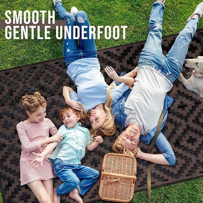OLANLY Waterproof Outdoor Rug 9x18 ft, Outdoor Plastic Straw Rug for Camping, RV Mat Outside, Outdoor Carpet for Porch, Deck, Backyard, Balcony, Picnic, Black & Brown