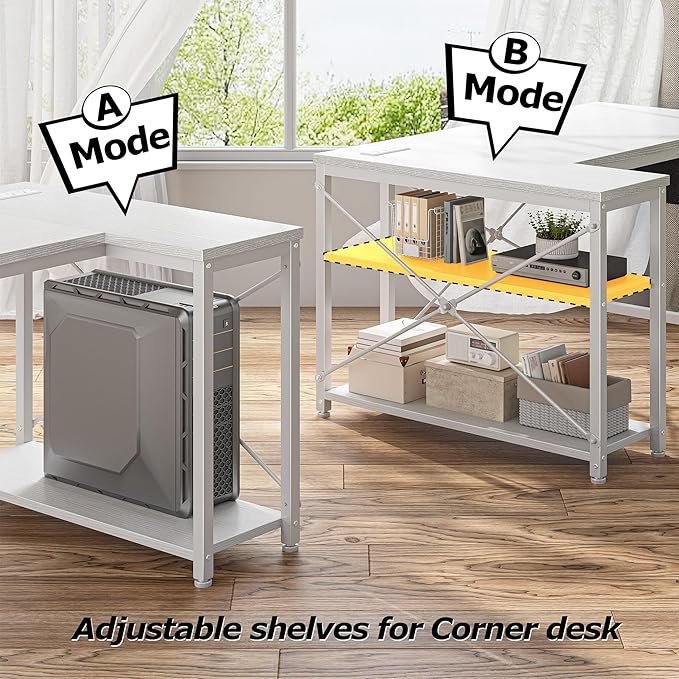 EnHomee 48 Inch L Shaped Gaming Desk, Computer Desk with Storage Shelves & Side Bag, Office Desk with Power Outlets, Small Corner Desk for Small Space Home Office Bedroom, Study Writing Table, White