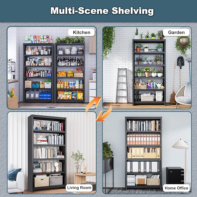 Bookshelf,5 Tier Bookshelves,69" Tall Metal White Bookcase,Install Simple Bookshelves for Bedroom, Living Room,Home Office/Library (Black)