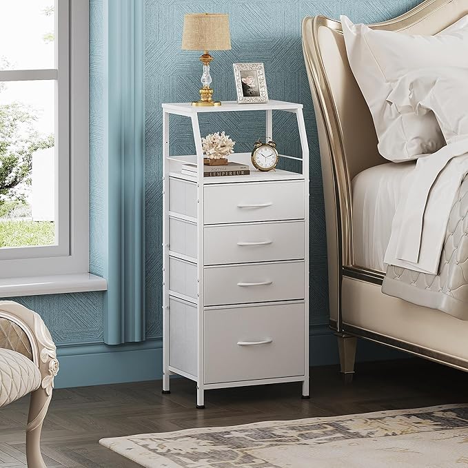 WLIVE Tall Nightstand with 4 Fabric Drawers & Open Shelf, White Bedside Table for Bedroom, Modern Tall Dresser