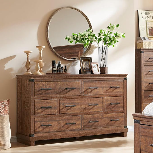 RedLemon Farmhouse 7 Drawer Dresser for Bedroom - Wood Large Dressers & Chests of Drawers for Closet with Storage for Bedroom, Living Room, Reclaimed Barnwood Color