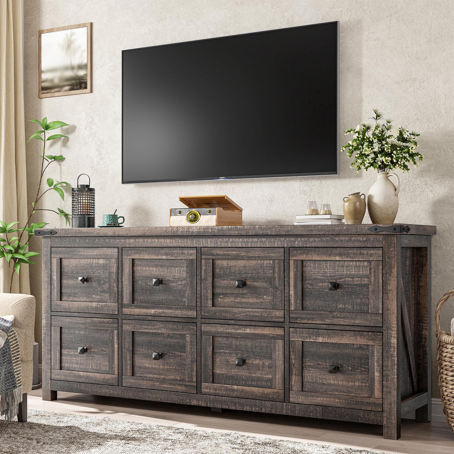 Romorgniz Farmhouse Dresser Dark Oak with 8 Drawers,Wood,Wide,Long,TV Stand for Bedroom Entryway Hallway