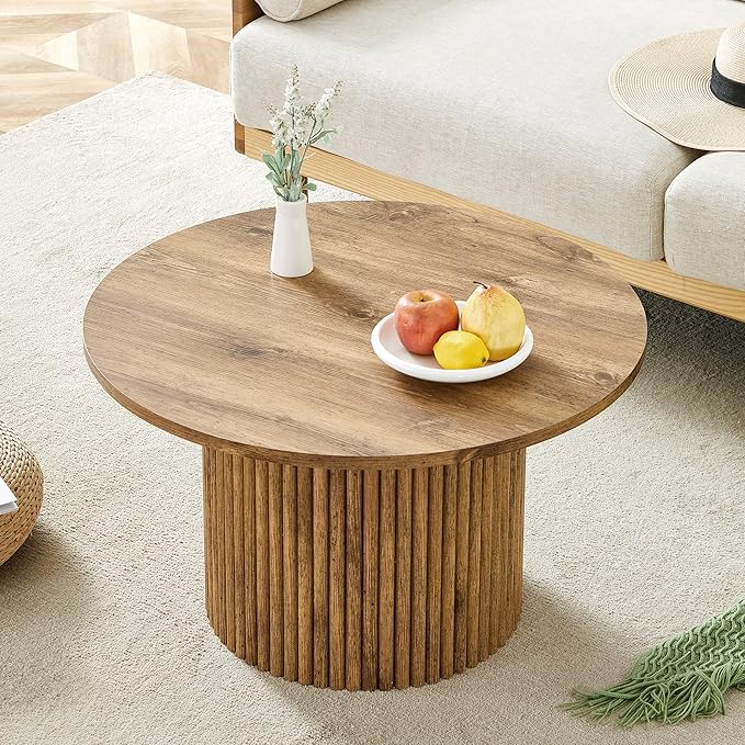 WILLIAMSPACE 27.5" Round Coffee Table with Ylindrical Leg, Modern Farmhouse Wood Circlar Center Table Accent Side End Table for Living Room Apartment, Natural