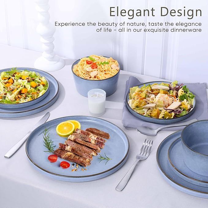 Herogo 18 Pieces Dinnerware Set for 6, Stoneware Dinner Plates and Bowls Sets, Reactive Glaze Dishes for Kitchen, Crack Resistant, Microwave & Dishwasher Safe, Haze Blue