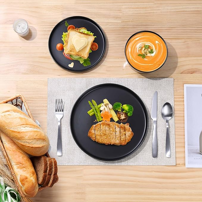 Herogo 12 Pieces Stoneware Dinnerware Set, Service for 4, Dinner Plates and Bowls Sets, Double Reactive Glaze Dishes Set for Kitchen, Scratch Resistant, Dishwasher Safe, Matte Black