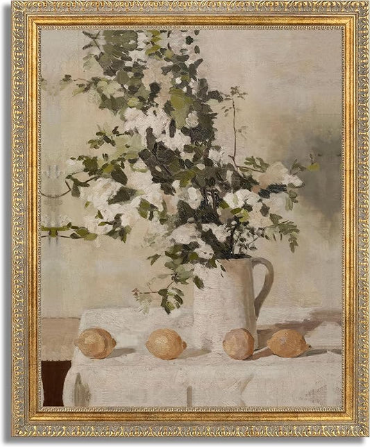 Farmhouse Kitchen Canvas Wall Art Vintage Country Neutral Rustic Muted Flower and Lemon Still Life Painting Picture Wall Decor Poster Print Artwork for Farm Dining Room Home Decoration Unframed