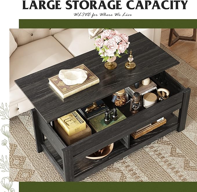 WLIVE Coffee Table, 47" Lift Top Coffee Table with HiddenCompartment and 2 Storage Shelves for Living Room, Espresso