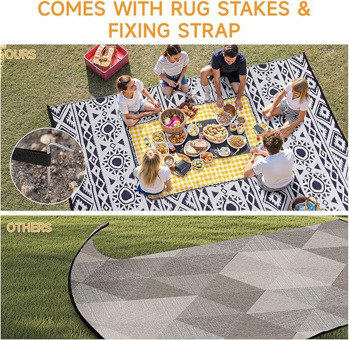 Outdoor Rug Waterproof 9x12 ft, Reversible Outdoor Plastic Straw Rug Patio Rug, RV Rugs for Outside, Outdoor Carpet for Patio Camping Deck Balcony Backyard, Blue & White