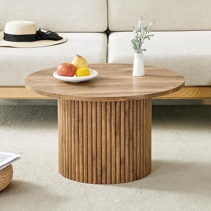 WILLIAMSPACE 27.5" Round Coffee Table with Ylindrical Leg, Modern Farmhouse Wood Circlar Center Table Accent Side End Table for Living Room Apartment, Natural