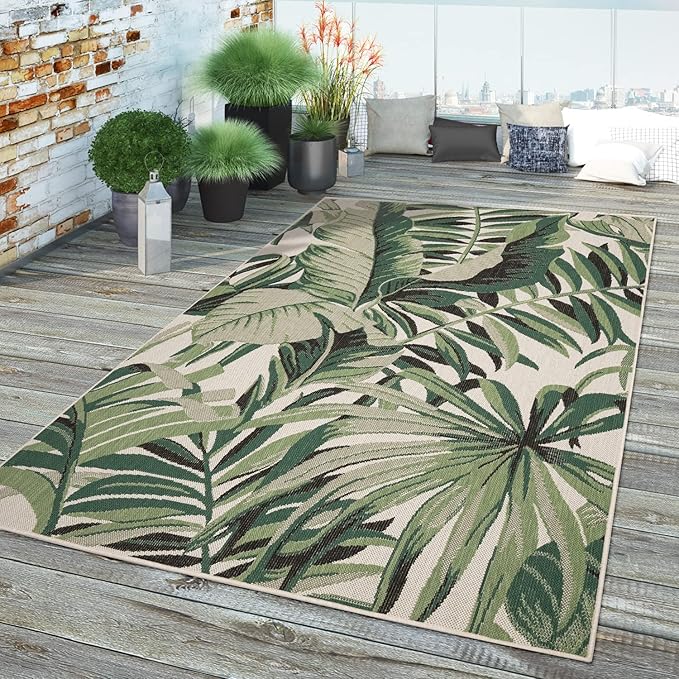 in- & Outdoor Rug Tropical Palm Leaf Design for Patio in Green Beige, Size: 2'8" x 4'11"
