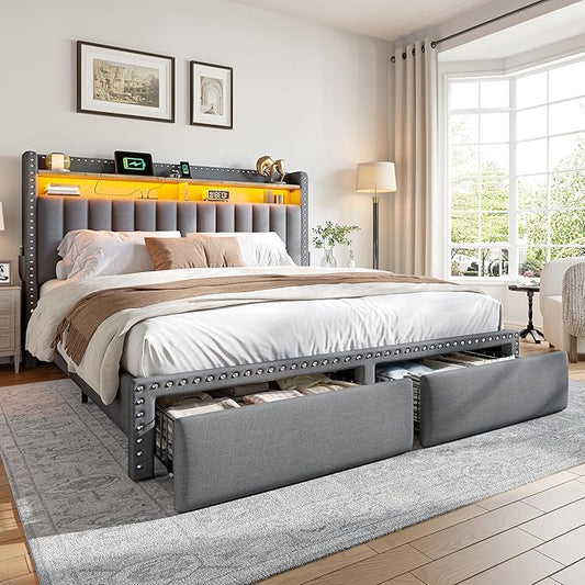 EnHomee Full Size Bed Frame with 2-Tier Storage Headboard & Charging Station, LED Platform Bed Frame with 2 Storage Drawers, Sturdy Wooden Slats Support, Noise-Free, No Box Spring Needed, Grey