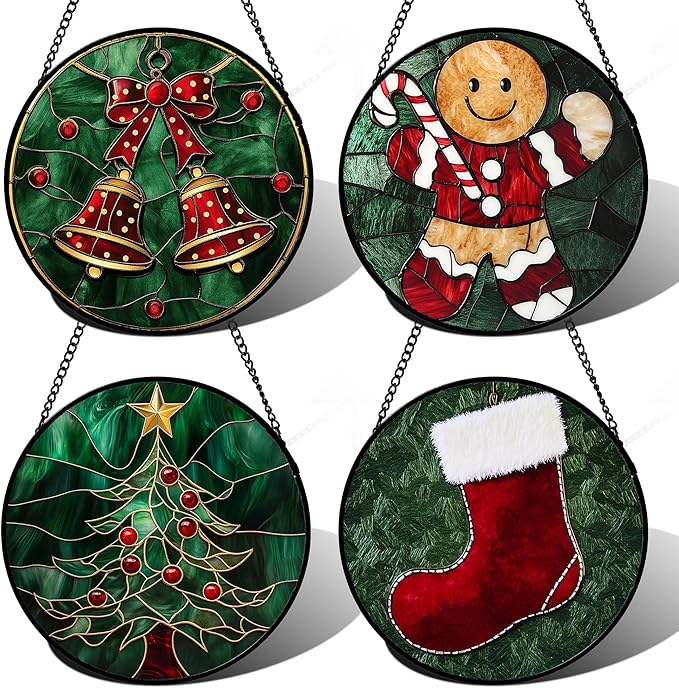 Stained Glass Window Hanging 4 Pcs Set Red Christmas Stockings and Gingerbread Large 11.8" - Suncatcher Door Garden Sun Catcher Decor Birthday Mother's Day Xmas Gifts for Mom Woman Nana Men