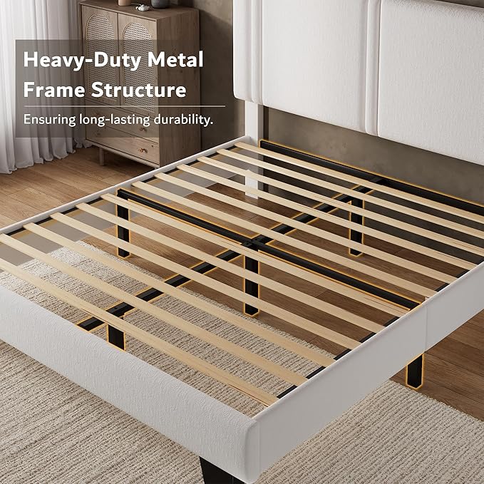 iPormis Queen Platform Bed Frame with Velvet Upholstered Headboard & Thickened Legs, Mattress Foundation with Solid Wooden Slats Support, No Box Spring Needed, Noise Free, White