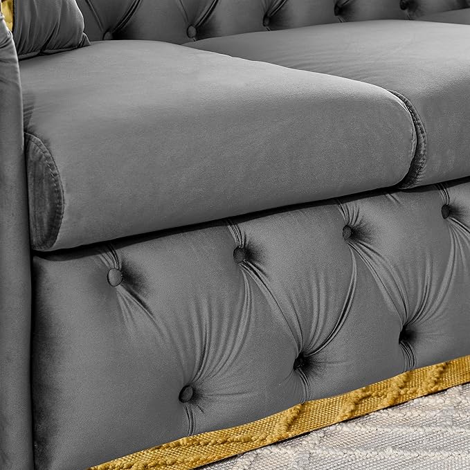 KEIKI 91" Luxury Oversized Velvet Chesterfield Sofa with Gold Stainless Steel Accents and 2 Pillows, Mid-Century Style 3-Seater Button Tufted Couch, Easy Assembly, for Apartment, Living Room, Gray