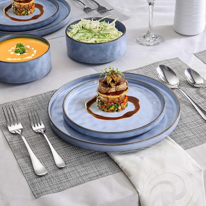 LIANYU Dinnerware Dish Sets for 4, 12 Piece Stoneware Plates and Bowls, Kitchen Dinner Set for Dessert Salad Pasta, Microwave & Dishwasher Safe, Serenity Blue