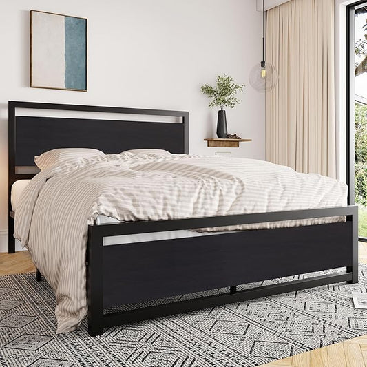 Allewie Queen Bed Frame with Headboard, Heavy Duty Metal Platform Base with Strong Support, Underneath Storage Space, Stable Mattress Foundation, No Box Spring Needed, Black