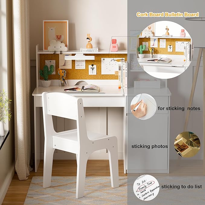 PAKASEPT Kids Desk and Chair Set,Kids Study Desk with 3-Color Lights(Not Rechargeable),Tiltable Desktop,Multi Functional Table for Kids 5-12,Student Writing Desk with Hutch,Storage Cabinet for Bedroom