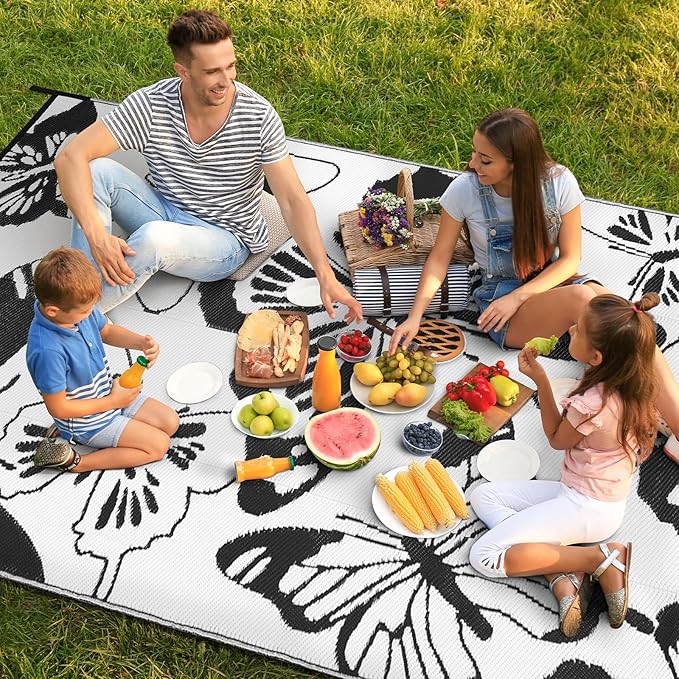 Beeiva Butterfly Outdoor Rug 6x9, Reversible Indoor Outdoor Rugs Waterproof, Lightweight Plastic Patio Rug for Camping, Deck, Balcony, Backyard - Black & White