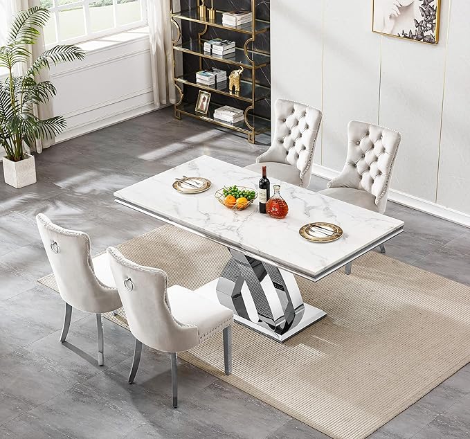 Goujxcy 5-Piece Dining Table Set Modern Faux Marble Dining Table Set for 4, Luxury 68" Long Faux Marble Kitchen Table with 4 Velvet Upholstered Chairs, Mirrored Stainless Steel Base