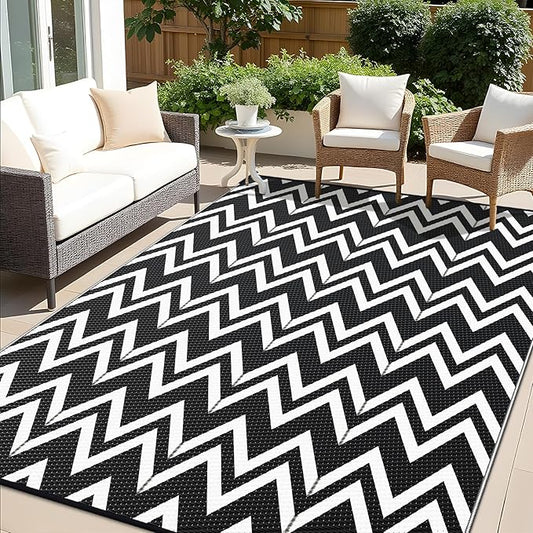 OLANLY Waterproof Outdoor Rug 9x12 ft Clearance, Reversible Outdoor Plastic Straw Rug, RV Mat, Indoor Outdoor Carpet for Patio, Camping, Balcony, Deck, Backyard, Black & White