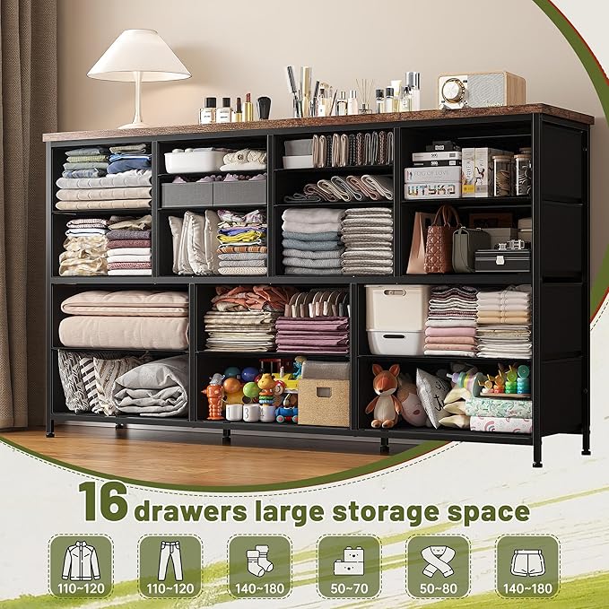 EnHomee Dressser for Bedroom Dresser with 16 Drawers TV Stand for Bedroom for 60" TV Long Dressers & Chests of Drawers Large Dresser with Charging Station, 51.5" W*11.7" D*34.6" H, Rustic Brown